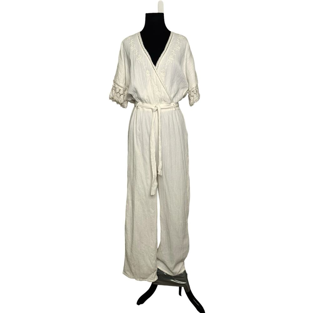 Louise Misha creamy white linen short sleeves boho jumpsuit size 40 - Medium